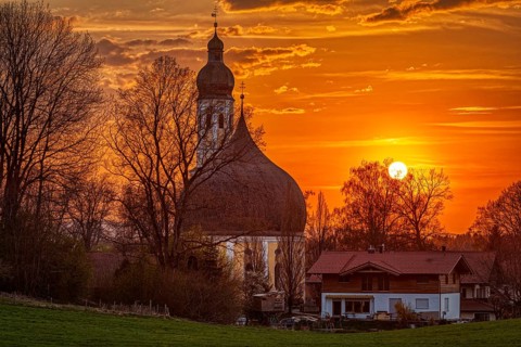 Sunset, Church of St John the Baptist and the Holy Cross, Westerndorf, Pang, Bavaria, Germany,