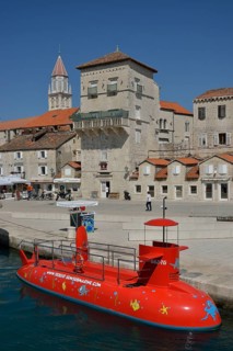 Red semi-submarine in the harbor, old town, Unesco World Heritage Site, Trogir, Dalmatia, Croatia,