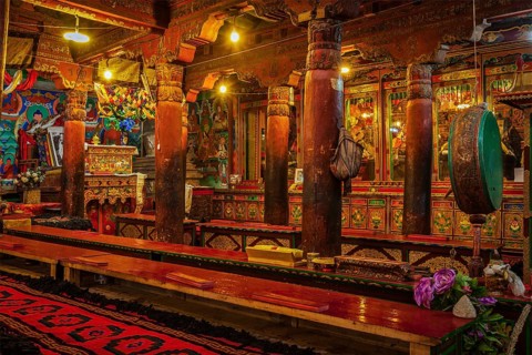 HEMIS, INDIA, SEPTEMBER 9, 2013: Interior of Hemis gompa (Tibetan Buddhist monastery) . Ladakh,