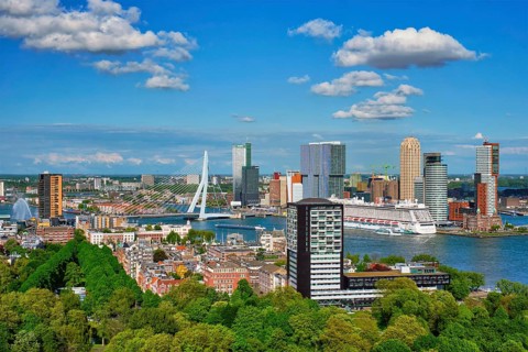 ROTTERDAM, NETHERLANDS, MAY 14, 2017: View of Rotterdam city and the Erasmus bridge Erasmusbrug