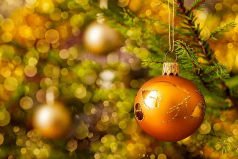 Christmas celebration holiday background, christmas-tree decoration bauble on decorated Christmas