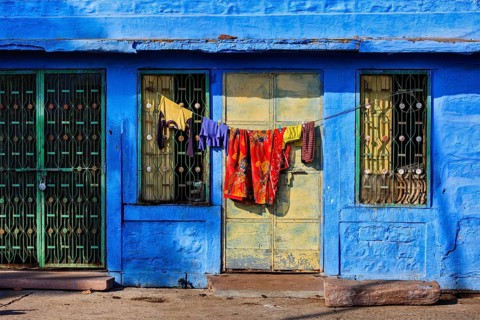Vivid blue-painted house Jodphur the Blue City, Rajasthan, India, Asia