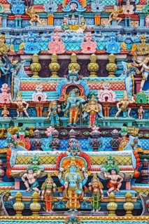 Bas reliefes on gopura (tower) of Hindu temple. Sri Ranganathaswamy Temple. Tiruchirappalli