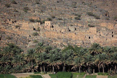 Abandoned houses of the historic settlement of Ghul at Jebel Shams, Oman, Asia