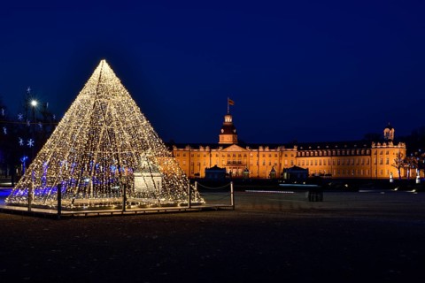 Christmas illuminated pyramid, blue hour, Karlsruhe Castle, Karlsruhe, Baden-Württemberg, Germany,