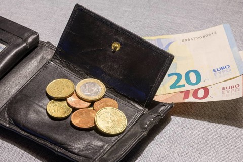 Wallet with coins and notes, euro, Germany, Europe