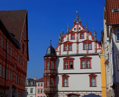 Town house (centre) and half-timbered houses in the town centre, Coburg, Upper Franconia, Bavaria,