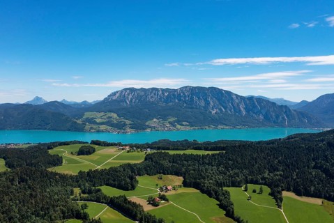 Drone shot, panorama shot, agricultural landscape, Oberaschau with Attersee and Höllengebirge,