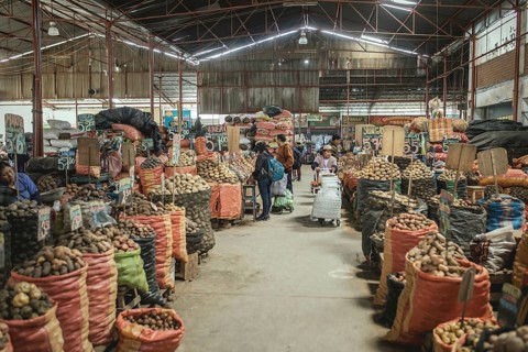 Market hall, potato variety, Mercado Mayorista, Huancayo, Peru, South America