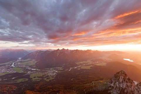 Magnificent view from the Säuling summit near Füssen. Dramatic sunset over the Lechtal valley near