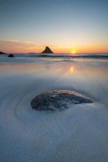 Sandy beach beach with island in the sea near Bleik, sunset, Andoya Island, Vesterålen, Northern