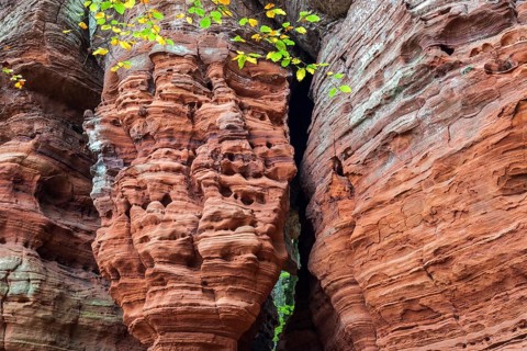 Eroded red sandstone, old castle rock, close-up, natural and cultural monument, Brechenberg near