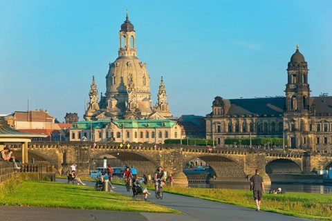 Dresden Silhouette View from Neustätter Elbufer to Dresden Old Town