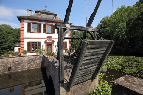 Drawbridge of the moated castle built in 1703, Regionalpark, RheinMain, Klein-Welzheim,