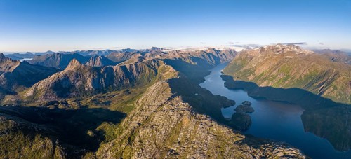 View from Seiskallåfjellet into the Nordfjorden and the surrounding mountains, Svartisen glacier in