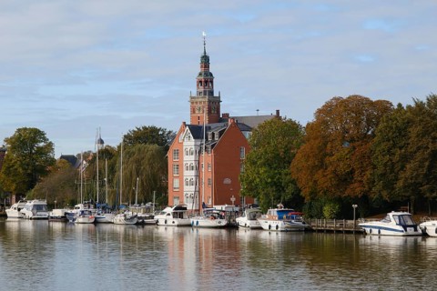 Boats at the leisure harbour on the river Leda, Leer, East Frisia, Lower Saxony, Germany, Europe