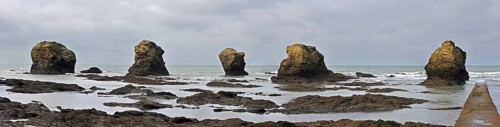 Sea stacks at the Plage des Cinq Pineaux at Saint-Hilaire-de-Riez, La Vendée, Pays de la Loire,