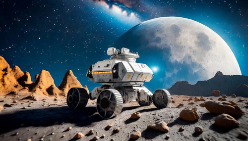 Science fiction, space travel, a robotic vehicle Luna Rover exploring the moon, AI generated