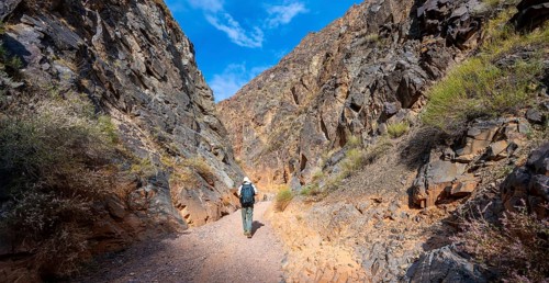 Mountaineer in a canyon with a dry stream bed, eroded mountain landscape with red sandstone rocks,