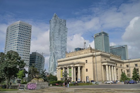 High-rise buildings on Emilii Plater, business district, in front of the Palace of Culture, Palac