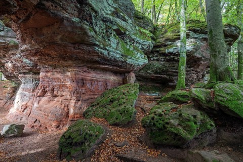 Old castle rock, red sandstone rock formation, natural and cultural monument, Brechenberg near