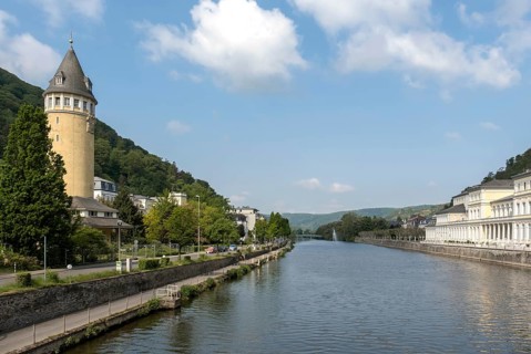 The Lahn with spring tower, Bad Ems an der Lahn, Rhineland-Palatinate, Germany, Europe