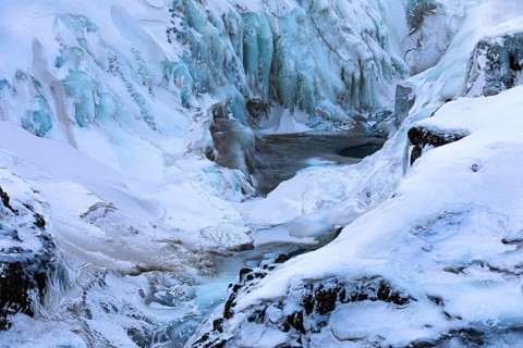 Icy and snow-covered Kolugljufur Canyon, Northern Iceland Vestra, Iceland, Europe