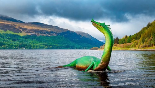Mythology, the mythical creature Nessie, the Loch Ness monster, in Loch Ness in Scotland, AI