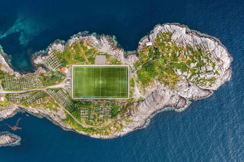 Aerial view, island with football pitch, Henningsvaer, Vestvågøy, Lofoten, Norway, Europe