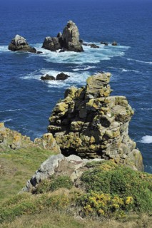 Sea stacks along the rocky coast at Cap de Sizun, nature reserve and bird sanctuary in Finistère,