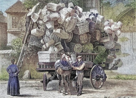 Rhineland trading cart, basket trader, the cart is highly loaded with baskets of various sizes,