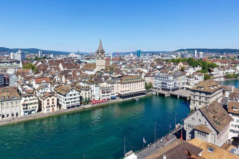 Zurich skyline from above with river Limmat in Zurich, Switzerland, Europe