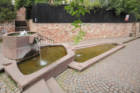 Red fountain, water basin, water features, Seligenstadt, Main, Hesse, Germany, Europe