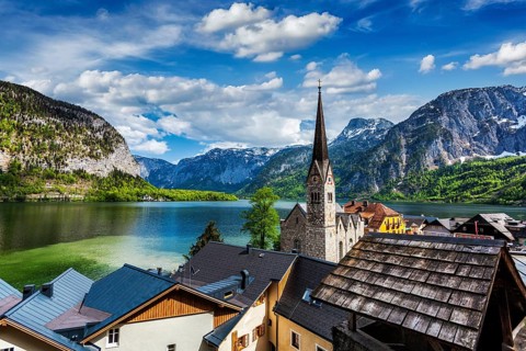 Austrian tourist destination Hallstatt village on Hallstatter See in Austrian alps. Salzkammergut