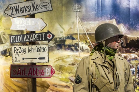 Diorama with American WWII soldier in the Overlord Museum near Omaha Beach about WW2 Allied landing