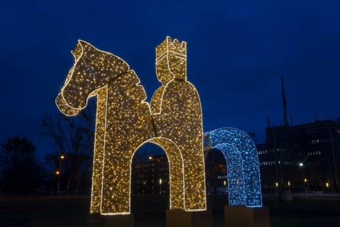 Germany's first emperor Otto the Great on his horse, world of lights, University Square, Magdeburg,
