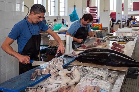 Black scabbardfish (Aphanopus carbo) being filleted, fish hall, fish market, market hall Mercado