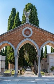 Passage gate and cypress avenue, Venice Central Cemetery, San Michele Cemetery Island, Venice,