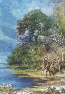 Three men slay an Ai, sloth, 1869, Amazon, Brazil, Historical, digitally restored reproduction of a