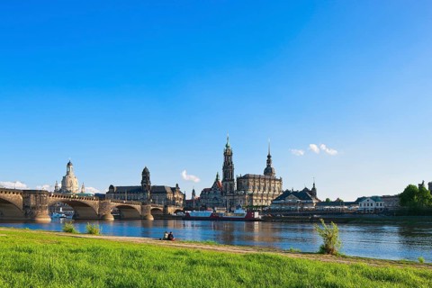 Dresden Silhouette View from Neustätter Elbufer to Dresden Old Town