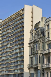 Old apartments and new flats along the North Sea coast at Ostend, Belgium, Europe