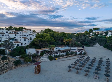 Sunset over Cala Anguila-Cala Mendia from a drone, Porto Cristo, Majorca, Spain, Europe