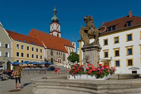 Fountain with lion statue on a sunny market square with church in the background and walking woman,