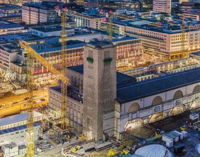 Central station, Stuttgart 21 construction site, Bonatz building and station tower. The new through