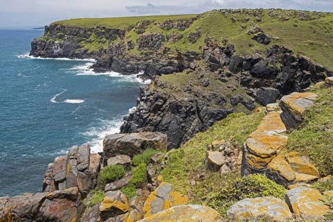 View over the Indian Ocean and Morgan Bay sea cliffs at the Southern end of the Wild Coast,