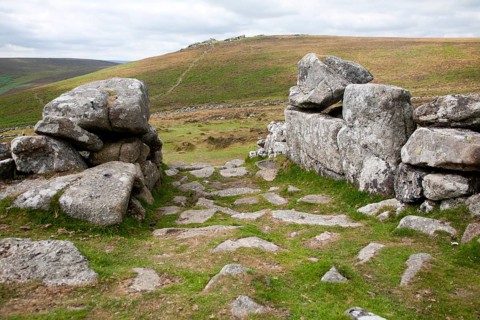 Entrance to the late Bronze age enclosed settlement site of Grimspound, Dartmoor national park,