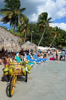 Lively atmosphere on a tropical beach with people looking for relaxation and a fruit seller,