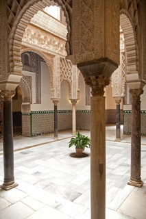 Palace of Pedro First, historic moorish palace interior architecture in the Alcazar, Seville,