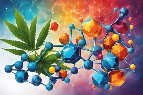 Abstract painting of chemical structure of thc and cbd interlocking geometric shapes, AI generated