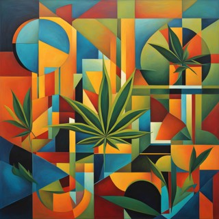 Abstract composition of a cannabis cafe with ambiance bold contrasting colors and playful shapes,